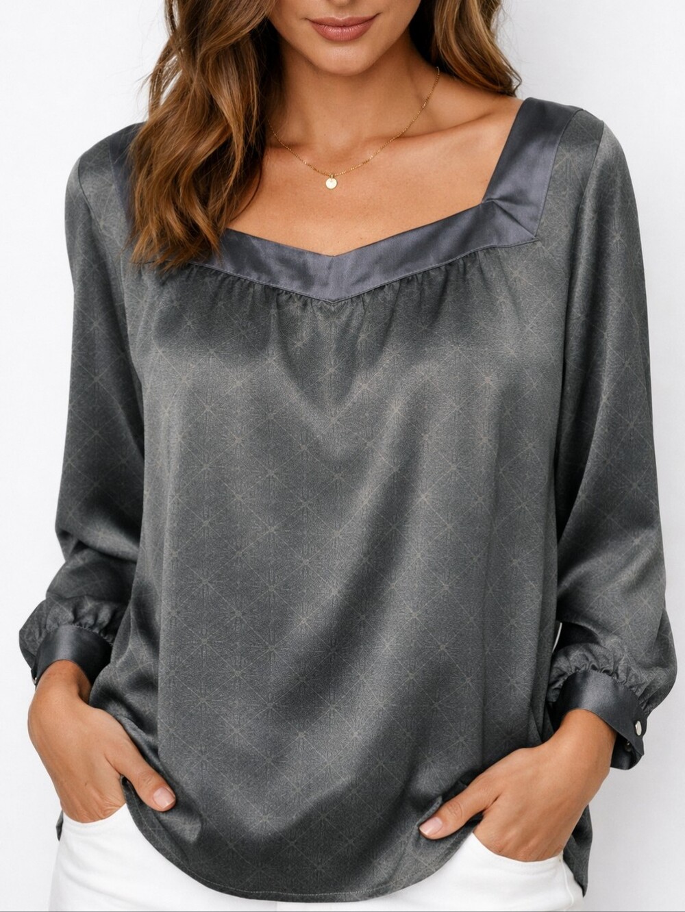 New York & Company Gray Satin‑Trim Geometric Blouse — XL — Versatile, Polished